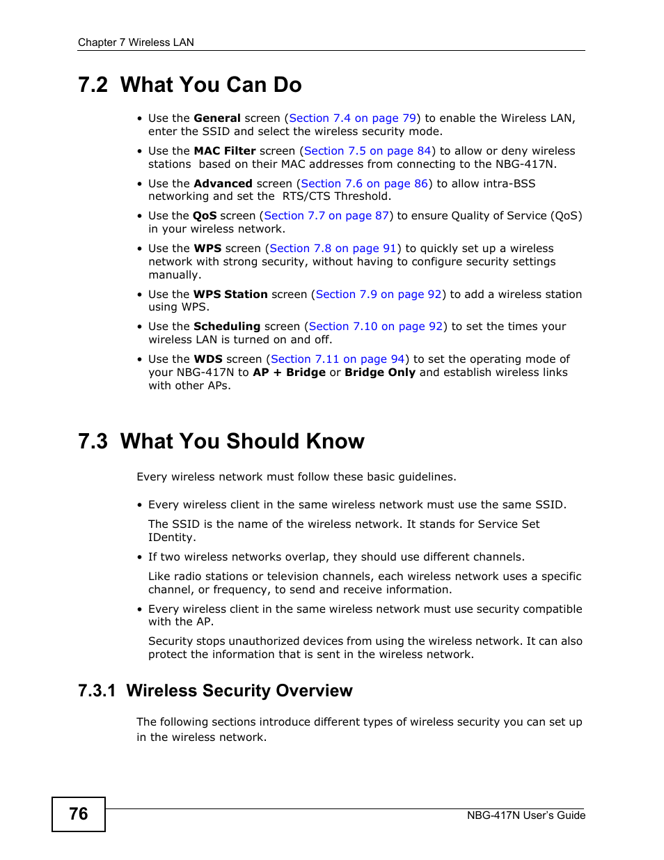 2 what you can do, 3 what you should know, 1 wireless security overview | 2 what you can do 7.3 what you should know | ZyXEL Communications NBG-417N User Manual | Page 76 / 270