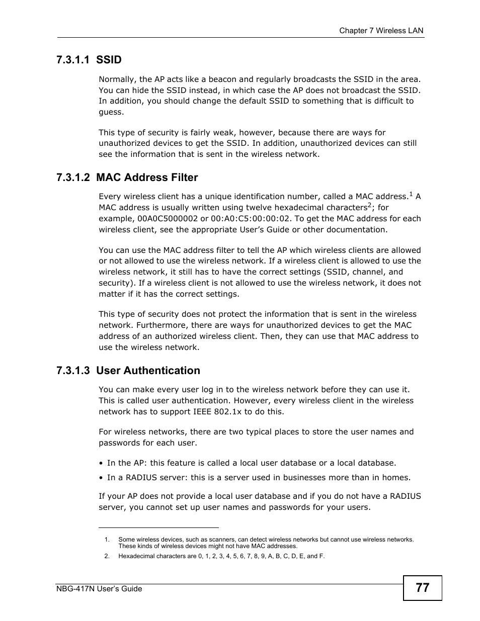 1 ssid, 2 mac address filter, 3 user authentication | ZyXEL Communications NBG-417N User Manual | Page 77 / 270