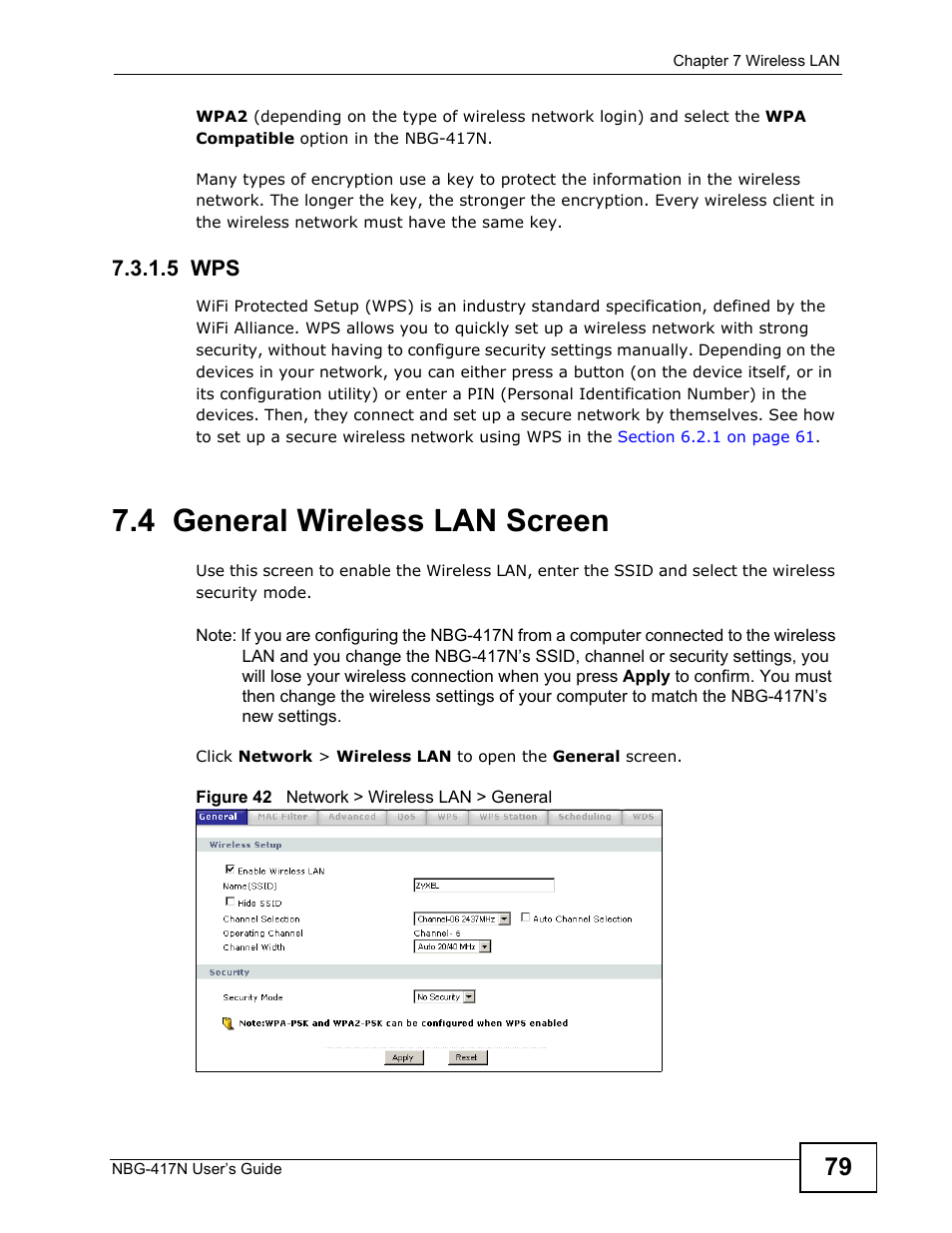 4 general wireless lan screen, 5 wps | ZyXEL Communications NBG-417N User Manual | Page 79 / 270