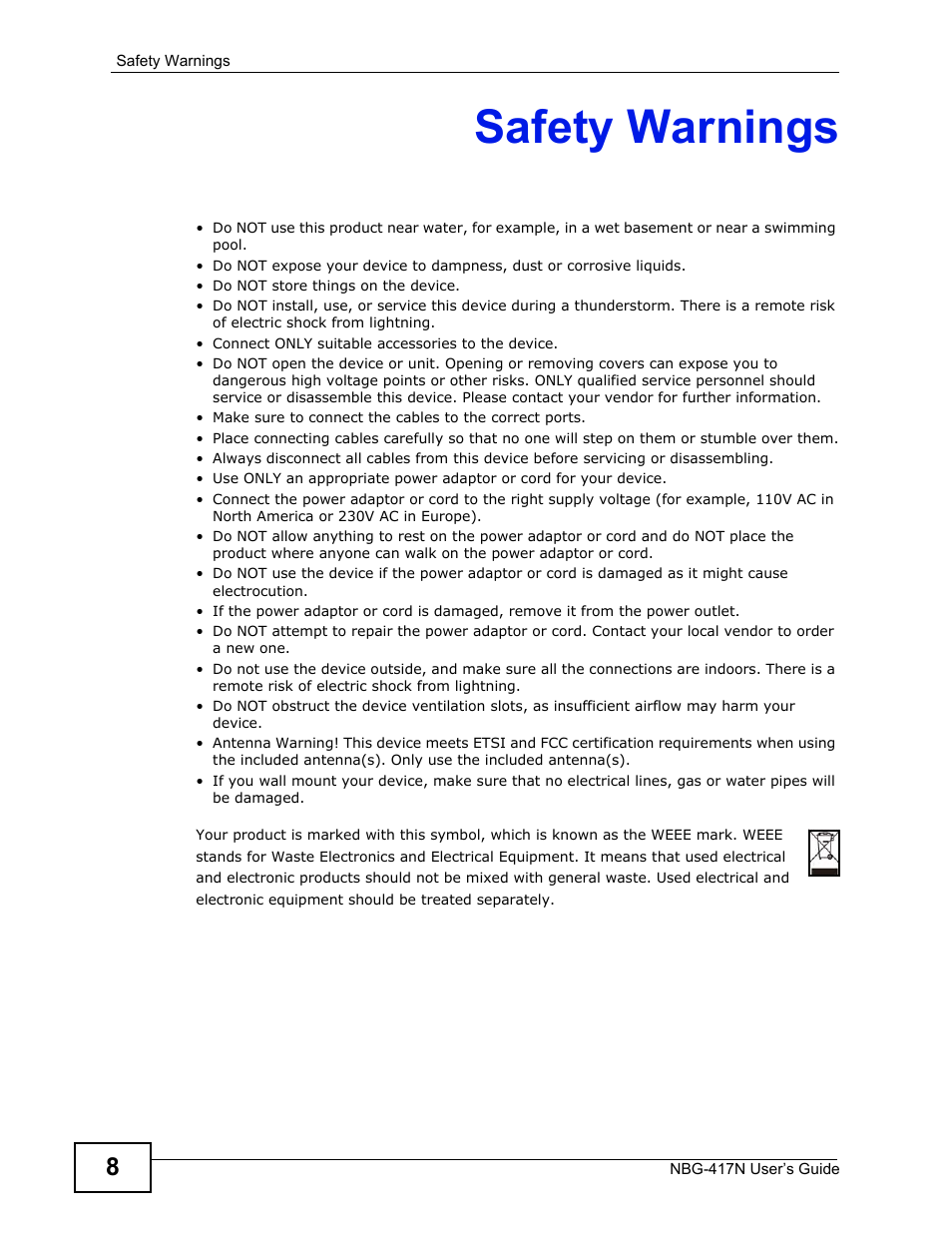 Safety warnings | ZyXEL Communications NBG-417N User Manual | Page 8 / 270