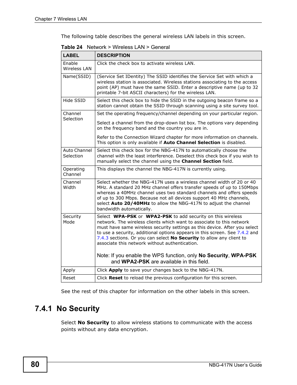 1 no security | ZyXEL Communications NBG-417N User Manual | Page 80 / 270