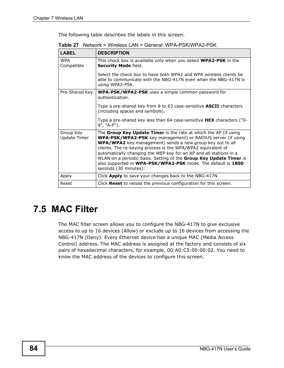 5 mac filter | ZyXEL Communications NBG-417N User Manual | Page 84 / 270