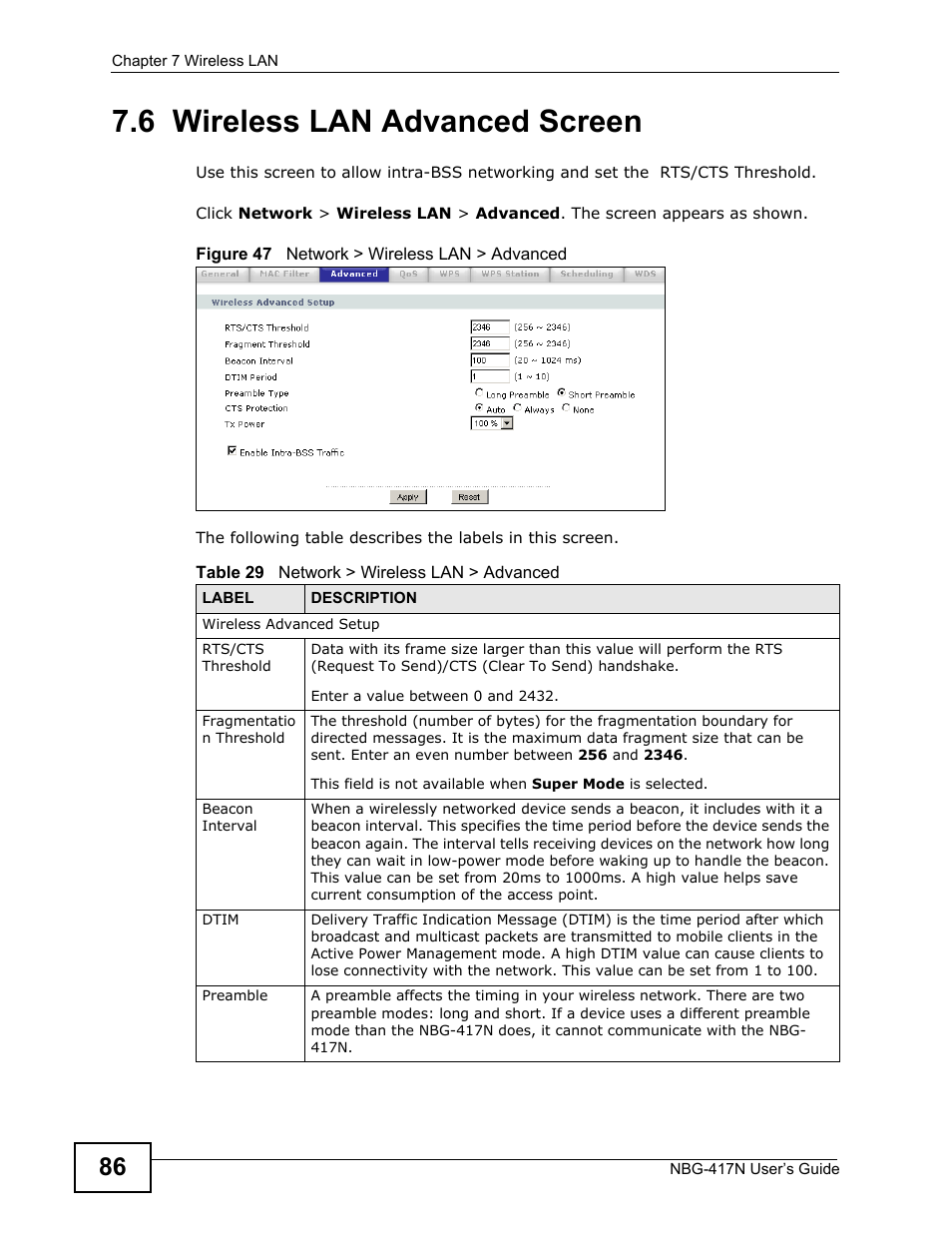 6 wireless lan advanced screen, To all | ZyXEL Communications NBG-417N User Manual | Page 86 / 270