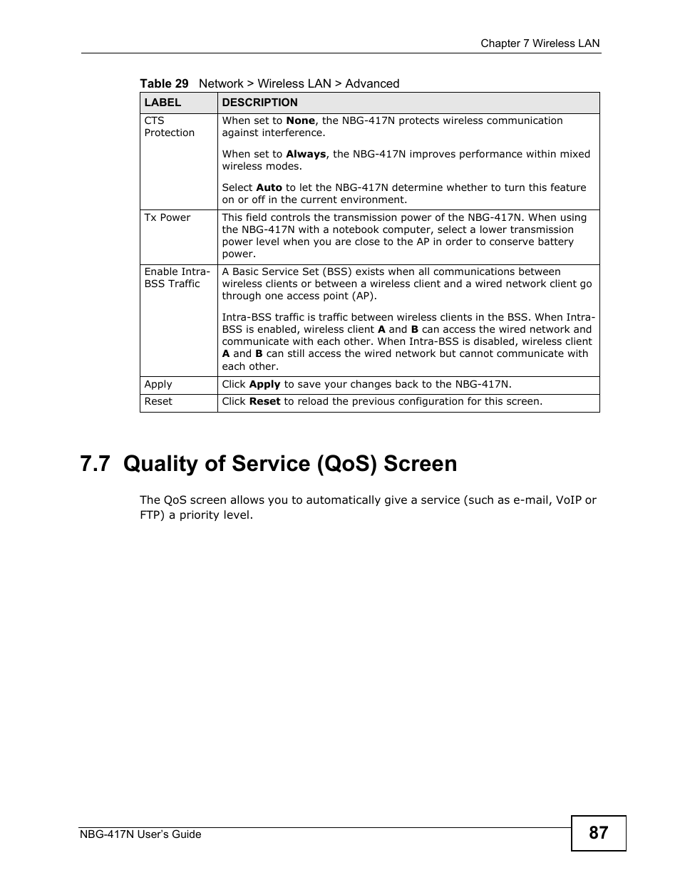 7 quality of service (qos) screen, Screen, To ensure qual | ZyXEL Communications NBG-417N User Manual | Page 87 / 270