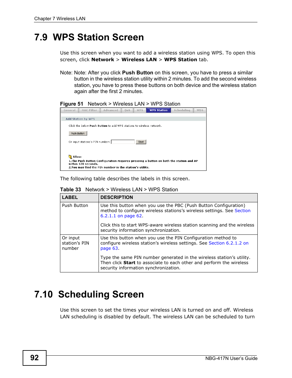 9 wps station screen, 10 scheduling screen, 9 wps station screen 7.10 scheduling screen | ZyXEL Communications NBG-417N User Manual | Page 92 / 270
