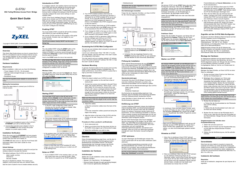 ZyXEL Communications 802.11A/B/G WIRELESS ACCESS POINT / BRIDGE G-570U User Manual | 4 pages
