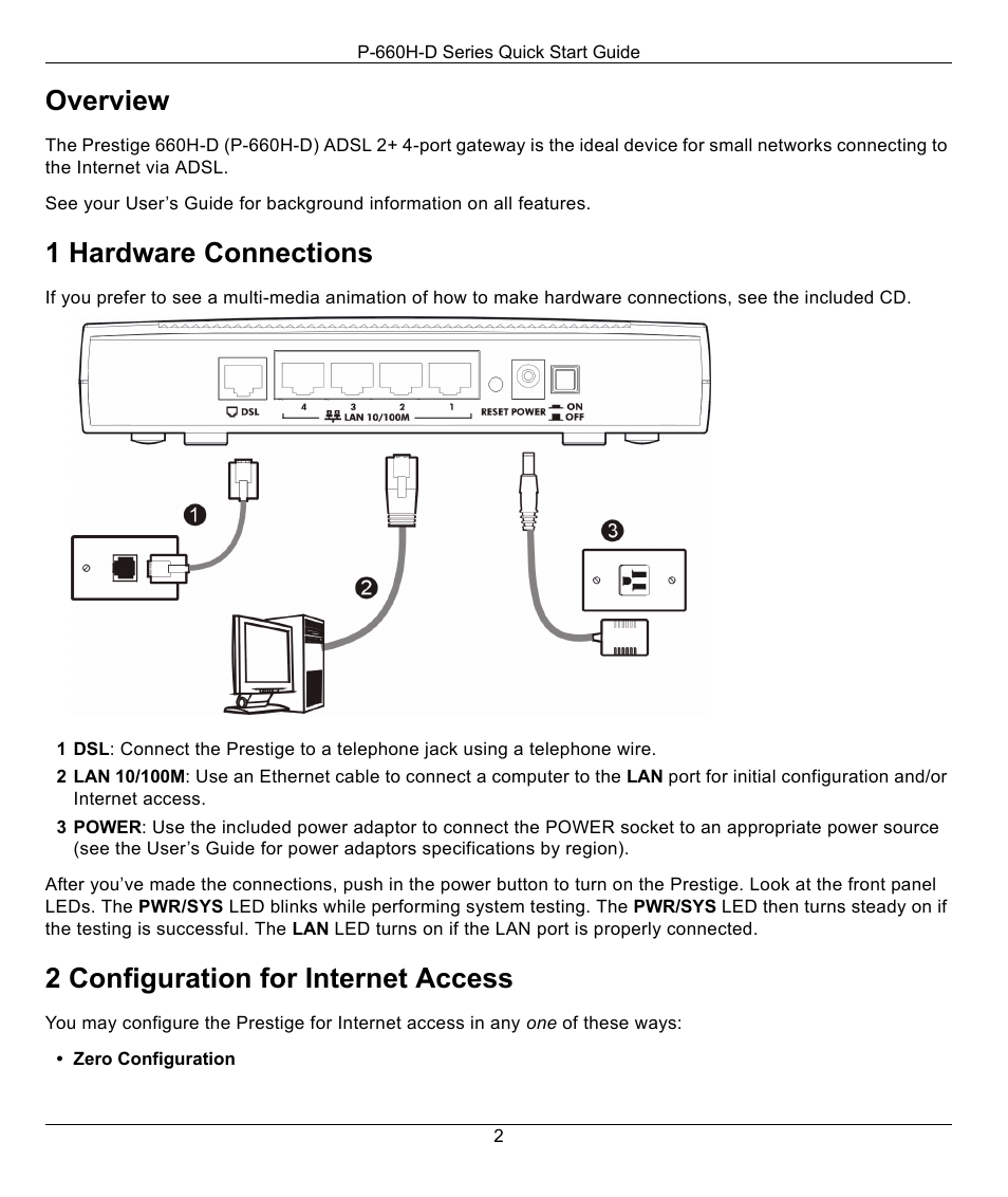 Overview, 1 hardware connections, 2 configuration for internet access | ZyXEL Communications ADSL2+ 4-port Gateway P-660H-D Series User Manual | Page 2 / 10