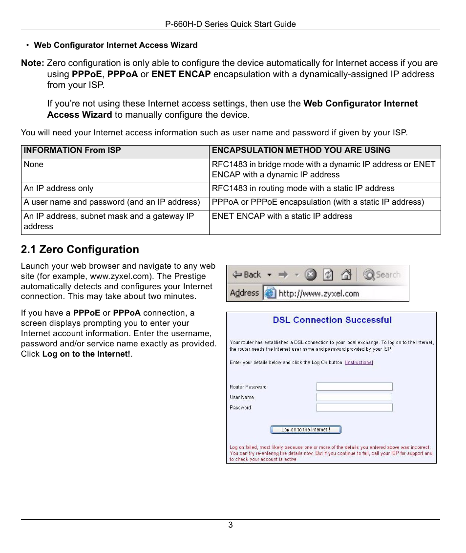 1 zero configuration | ZyXEL Communications ADSL2+ 4-port Gateway P-660H-D Series User Manual | Page 3 / 10