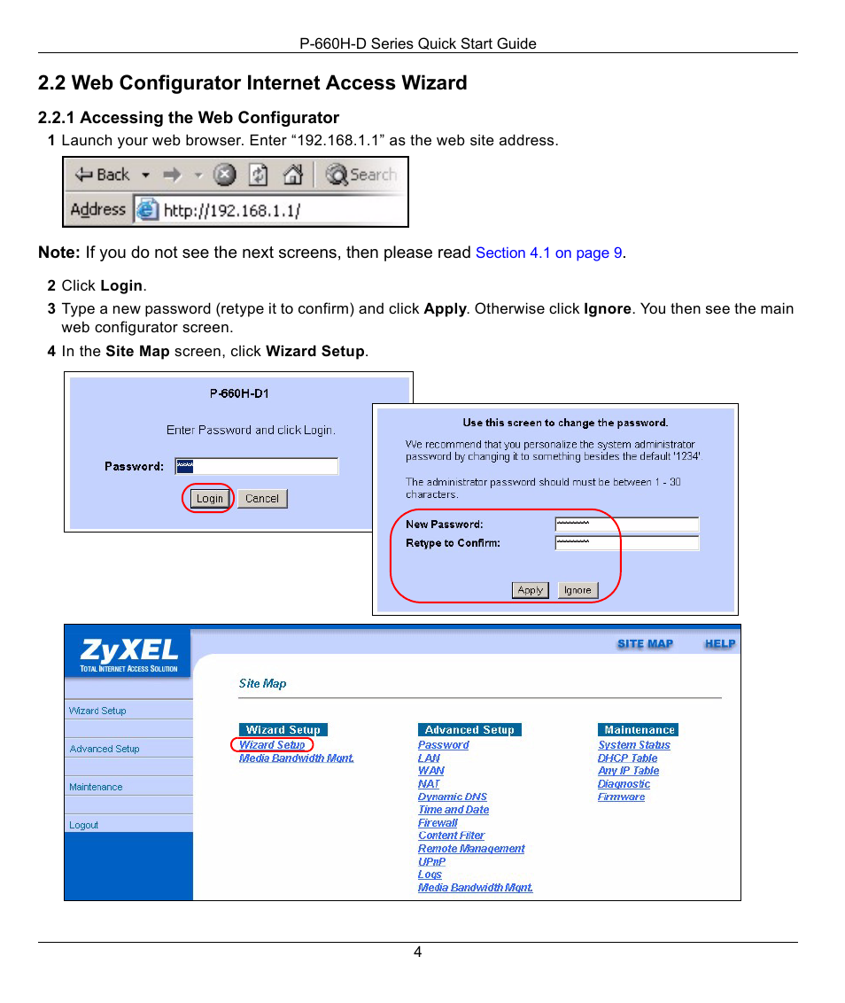 2 web configurator internet access wizard | ZyXEL Communications ADSL2+ 4-port Gateway P-660H-D Series User Manual | Page 4 / 10