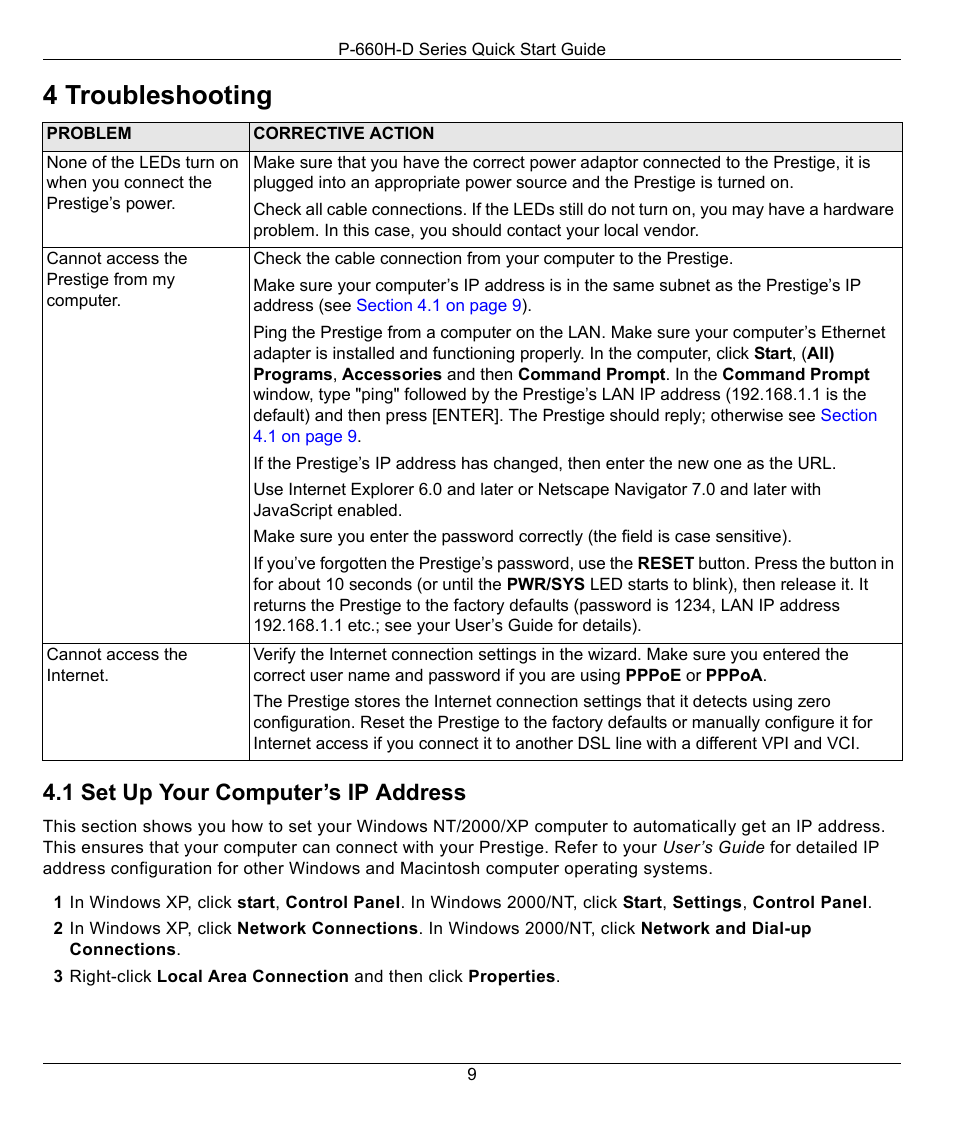 4 troubleshooting, 1 set up your computer’s ip address | ZyXEL Communications ADSL2+ 4-port Gateway P-660H-D Series User Manual | Page 9 / 10