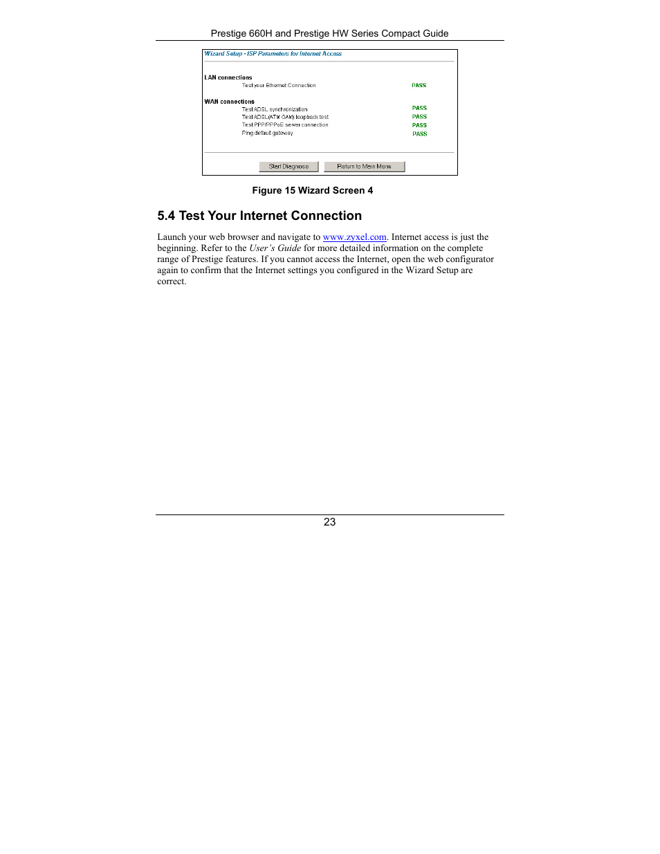 Test your internet connection, 4 test your internet connection | ZyXEL Communications Prestige 660H Series User Manual | Page 23 / 40