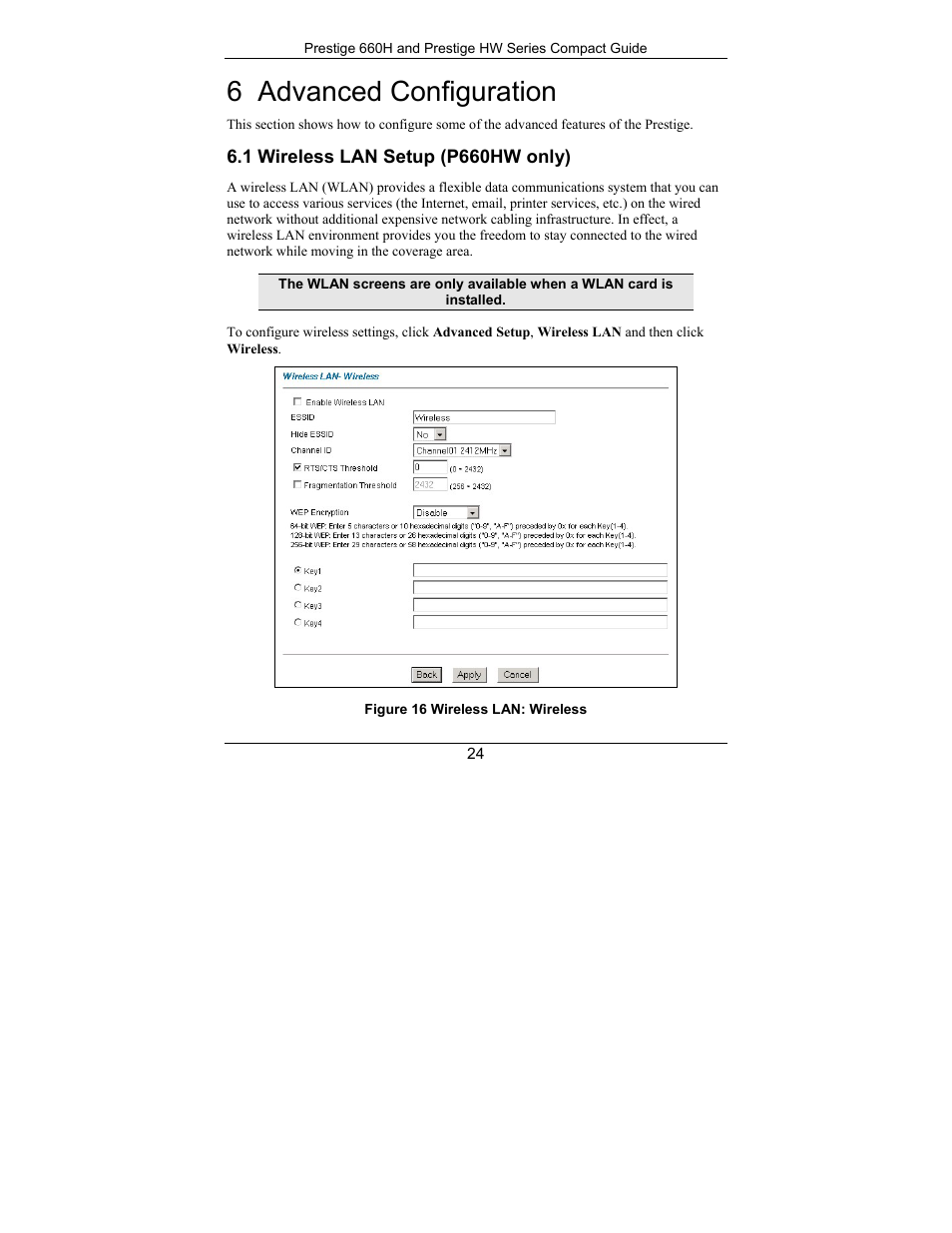 Advanced configuration, Wireless lan setup (p660hw only), 6 advanced configuration | ZyXEL Communications Prestige 660H Series User Manual | Page 24 / 40