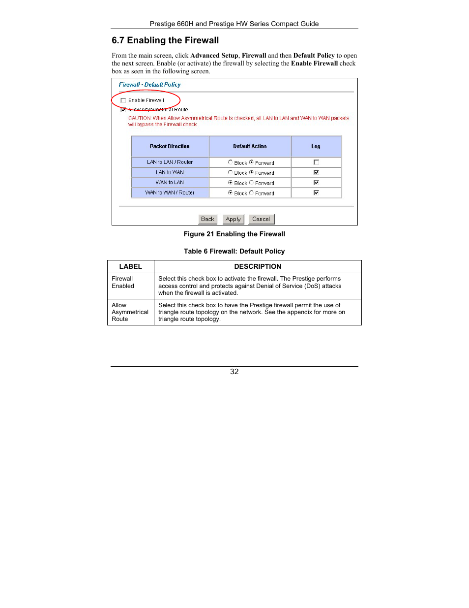 Enabling the firewall, 7 enabling the firewall | ZyXEL Communications Prestige 660H Series User Manual | Page 32 / 40