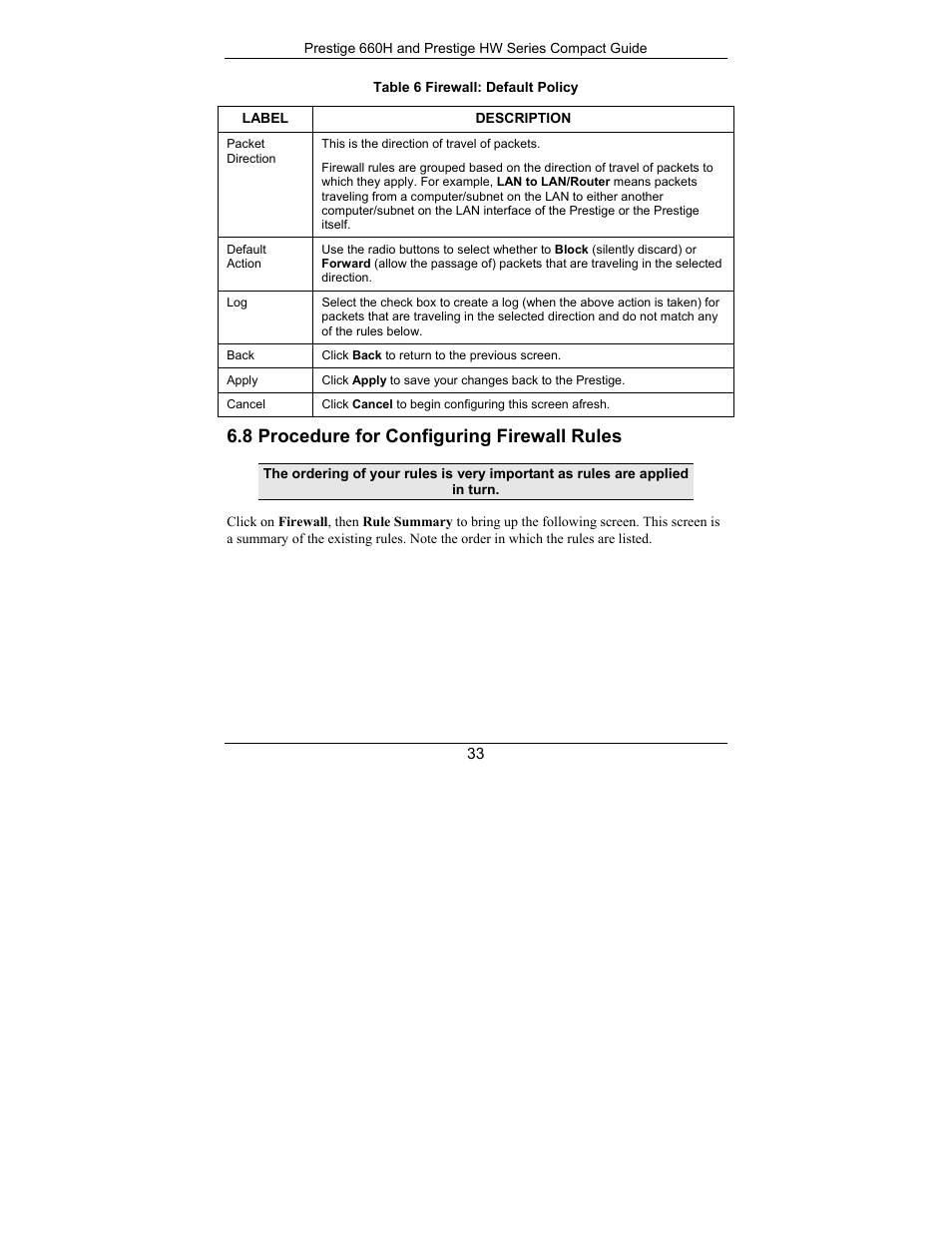 Procedure for configuring firewall rules, 8 procedure for configuring firewall rules | ZyXEL Communications Prestige 660H Series User Manual | Page 33 / 40