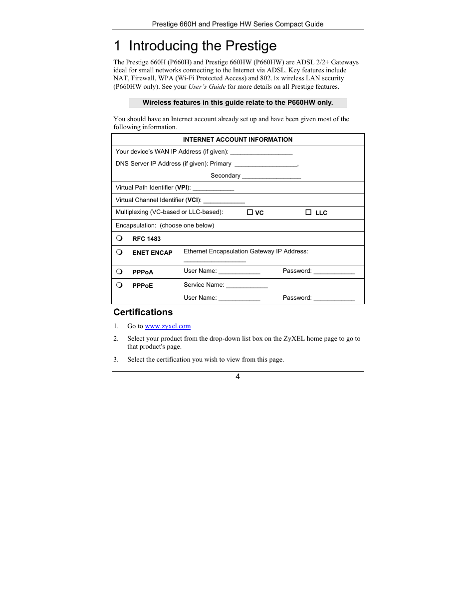 Introducing the prestige, 1 introducing the prestige, Certifications | ZyXEL Communications Prestige 660H Series User Manual | Page 4 / 40