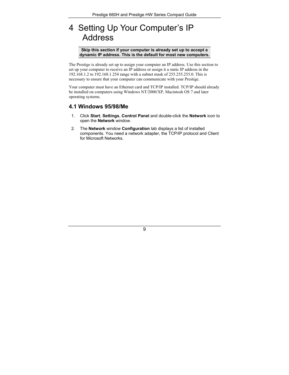 Setting up your computer’s ip address, Windows 95/98/me, 4 setting up your computer’s ip address | ZyXEL Communications Prestige 660H Series User Manual | Page 9 / 40