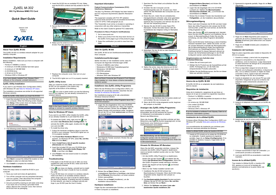ZyXEL Communications 802.11g Wireless MIMO PCI Card ZyXEL M-302 User Manual | 3 pages