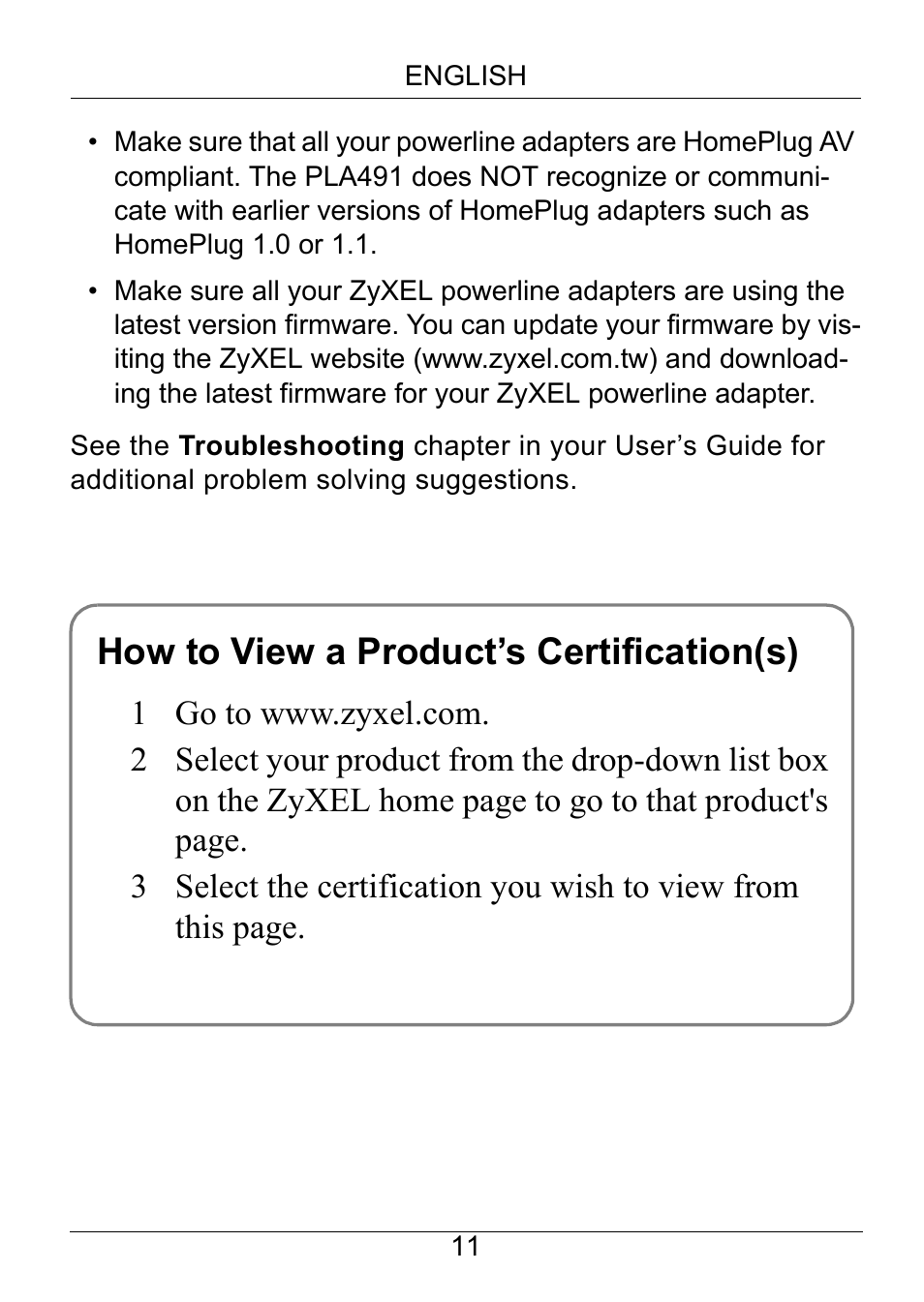 How to view a product’s certification(s) | ZyXEL Communications Powerline Ethernet Multiplug Center PLA491 User Manual | Page 11 / 71