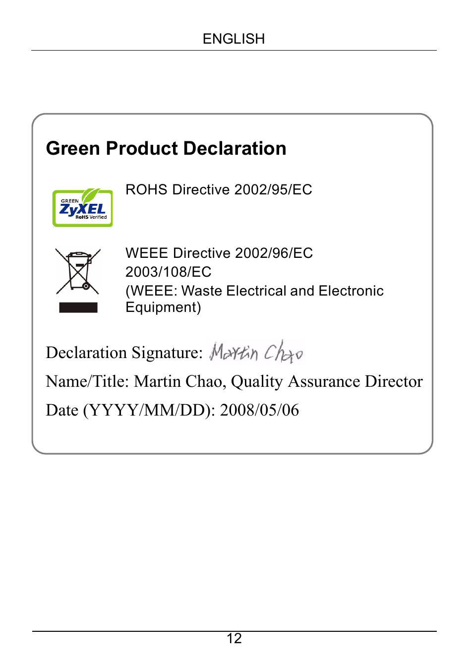 Green product declaration | ZyXEL Communications Powerline Ethernet Multiplug Center PLA491 User Manual | Page 12 / 71