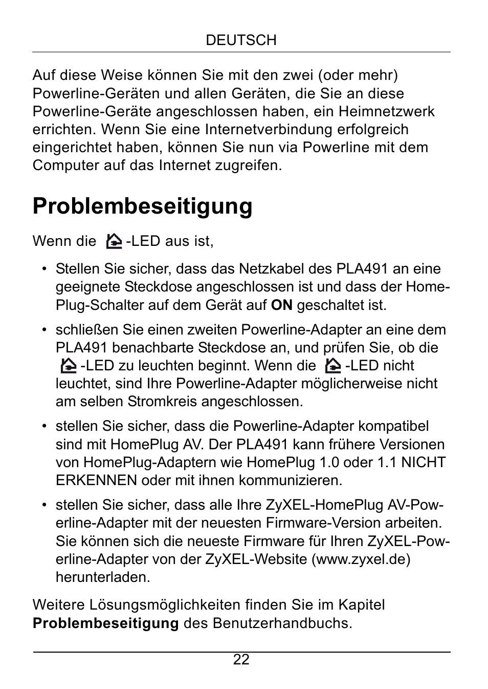 Problembeseitigung | ZyXEL Communications Powerline Ethernet Multiplug Center PLA491 User Manual | Page 22 / 71