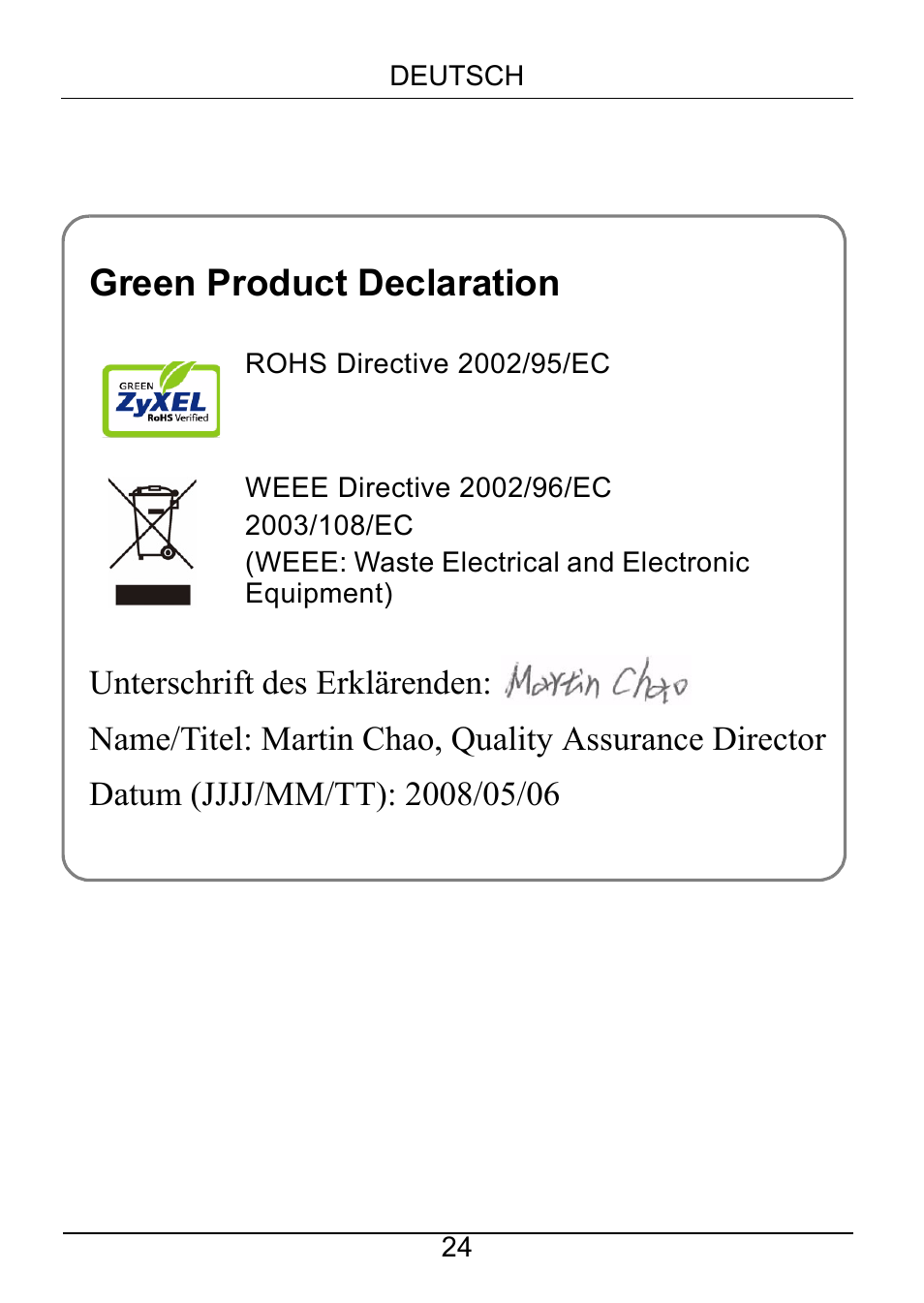 Green product declaration | ZyXEL Communications Powerline Ethernet Multiplug Center PLA491 User Manual | Page 24 / 71