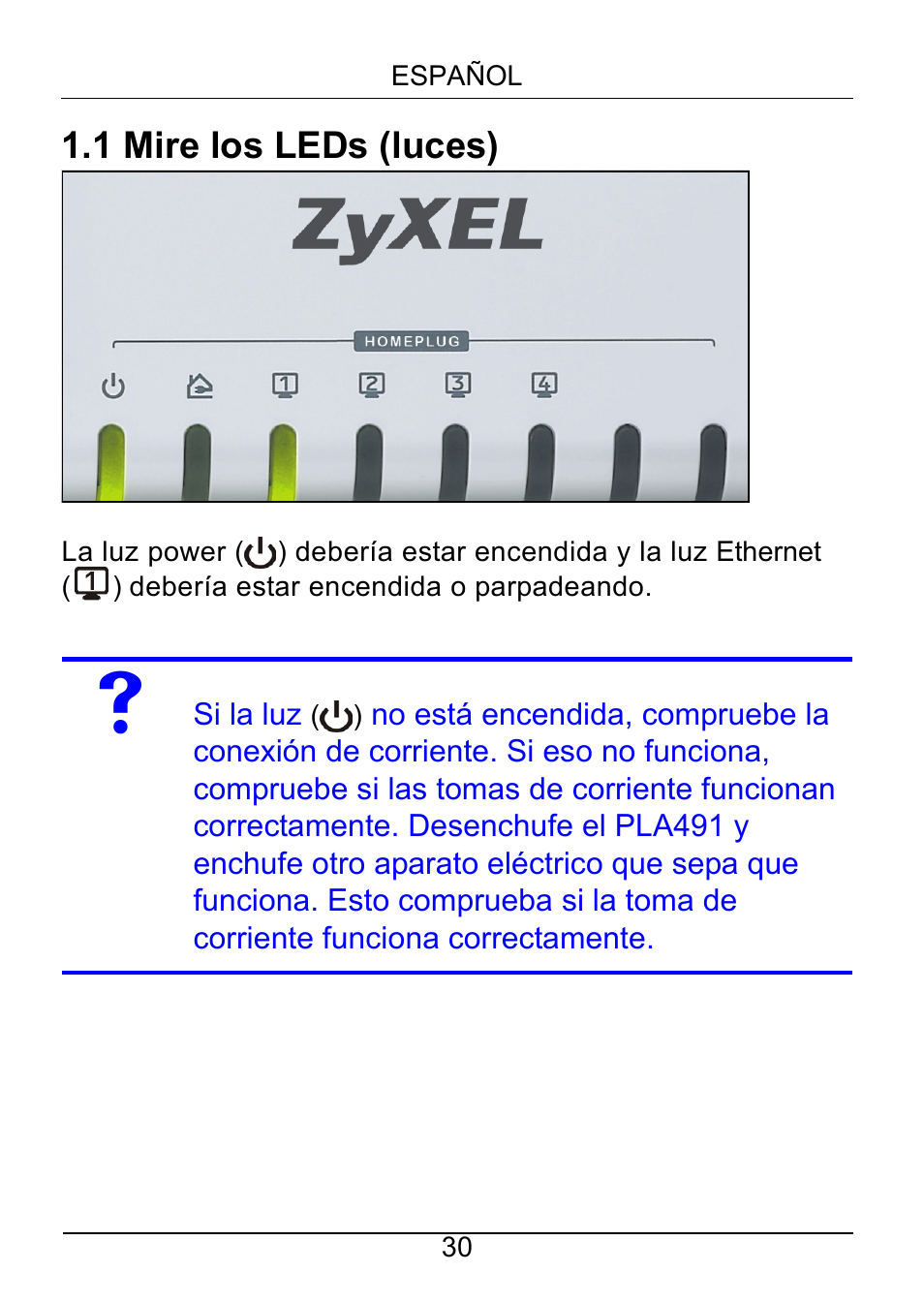 1 mire los leds (luces) | ZyXEL Communications Powerline Ethernet Multiplug Center PLA491 User Manual | Page 30 / 71