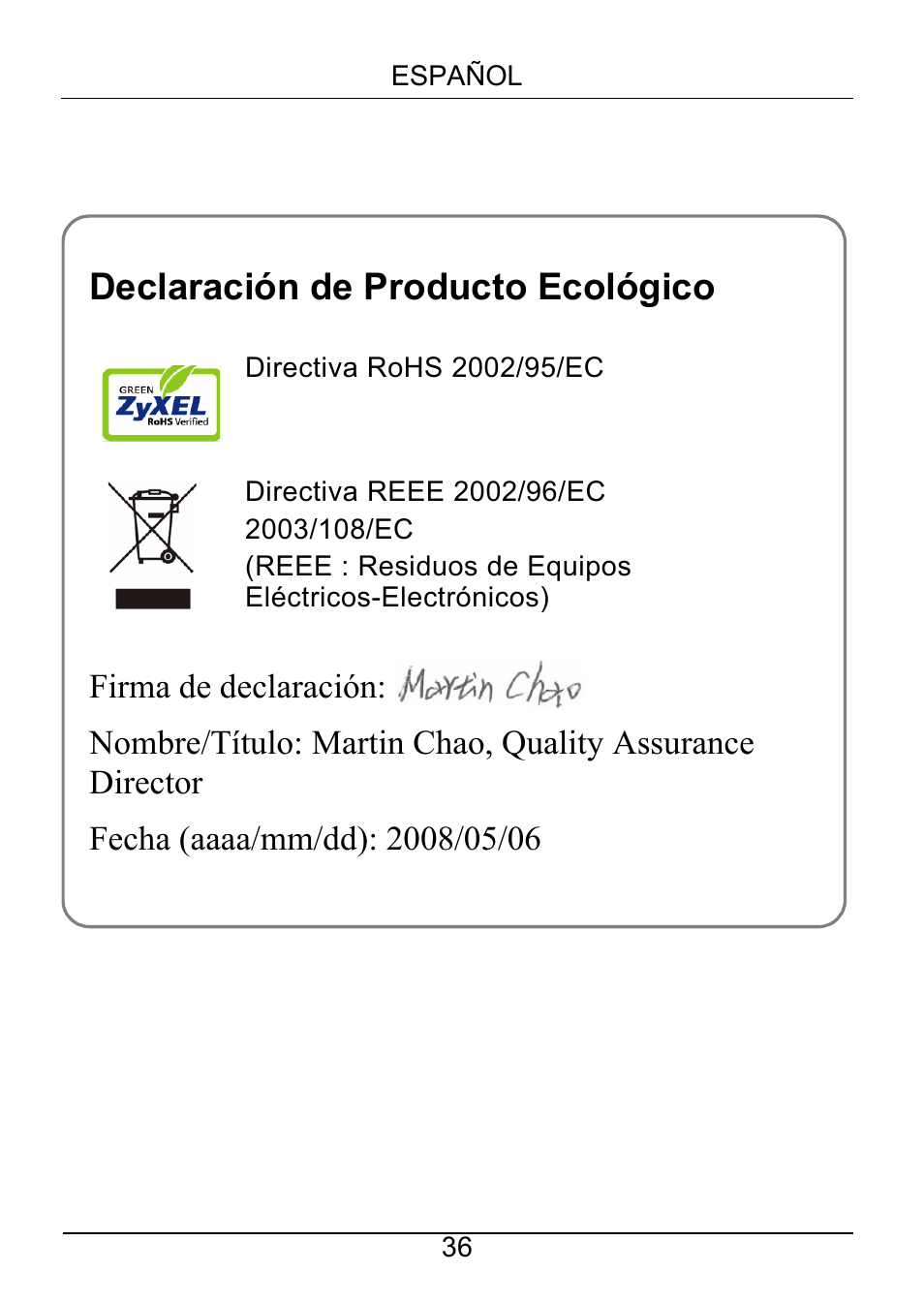 Declaración de producto ecológico | ZyXEL Communications Powerline Ethernet Multiplug Center PLA491 User Manual | Page 36 / 71