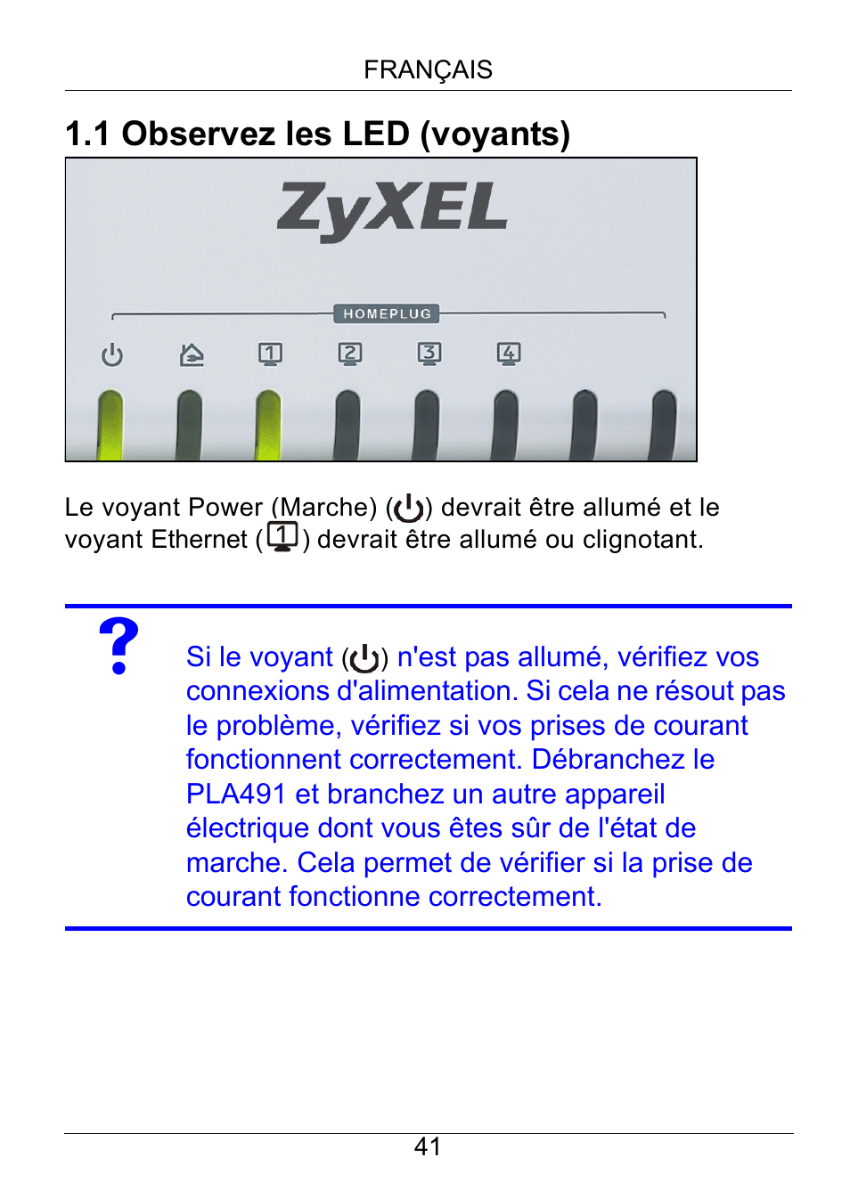 1 observez les led (voyants) | ZyXEL Communications Powerline Ethernet Multiplug Center PLA491 User Manual | Page 41 / 71