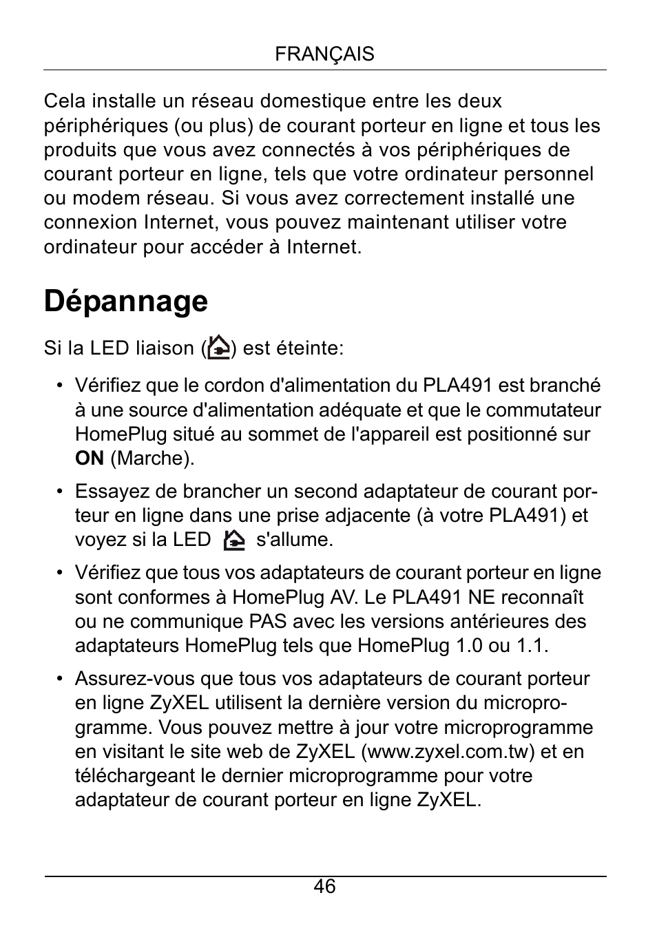 Dépannage | ZyXEL Communications Powerline Ethernet Multiplug Center PLA491 User Manual | Page 46 / 71