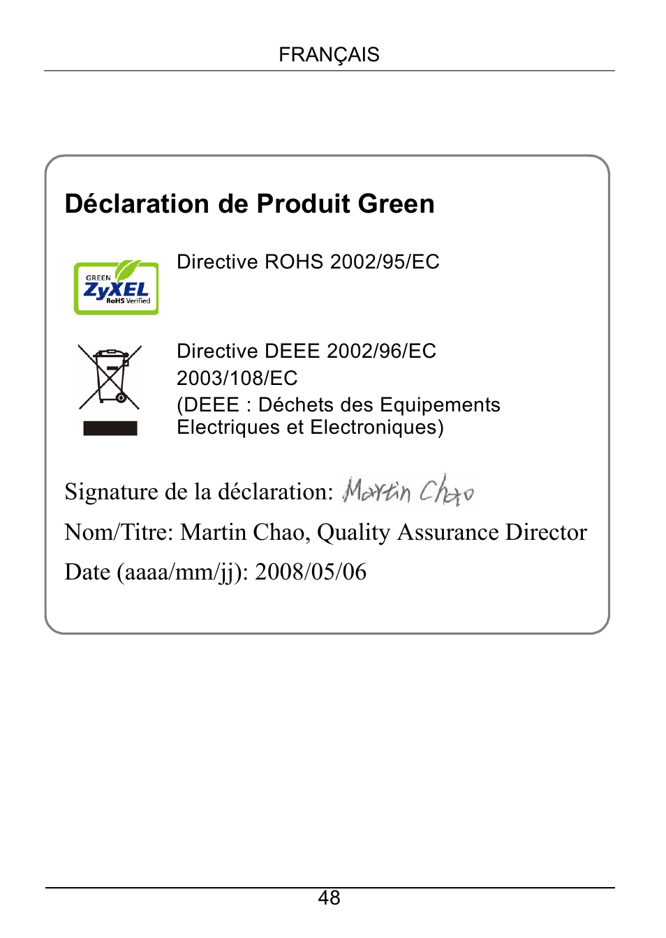 Déclaration de produit green | ZyXEL Communications Powerline Ethernet Multiplug Center PLA491 User Manual | Page 48 / 71