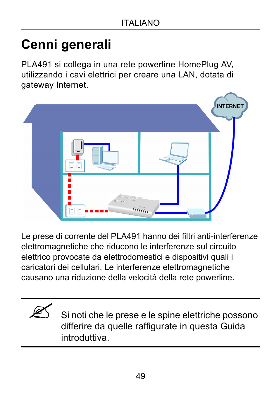 Italiano, Cenni generali | ZyXEL Communications Powerline Ethernet Multiplug Center PLA491 User Manual | Page 49 / 71