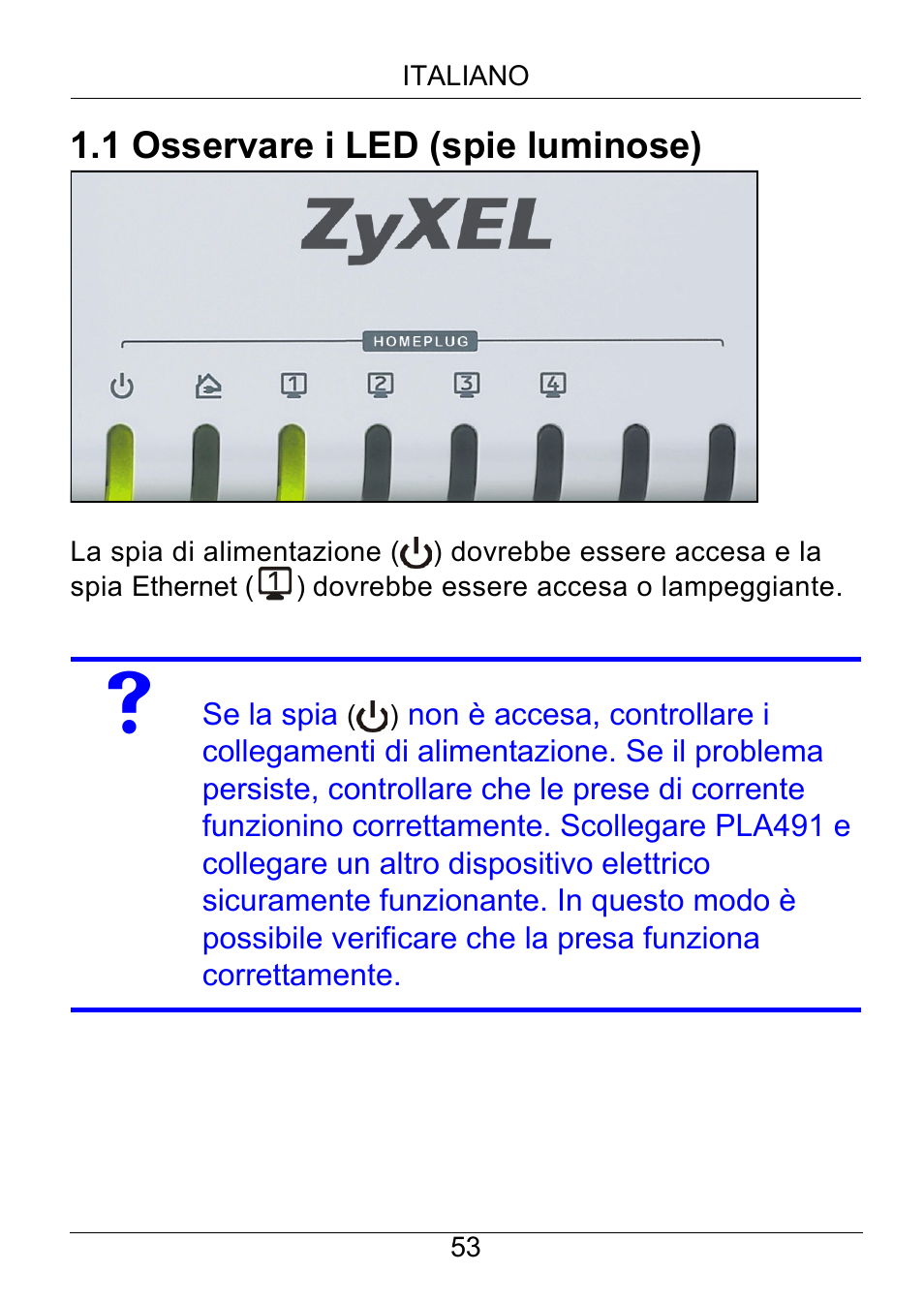 1 osservare i led (spie luminose) | ZyXEL Communications Powerline Ethernet Multiplug Center PLA491 User Manual | Page 53 / 71
