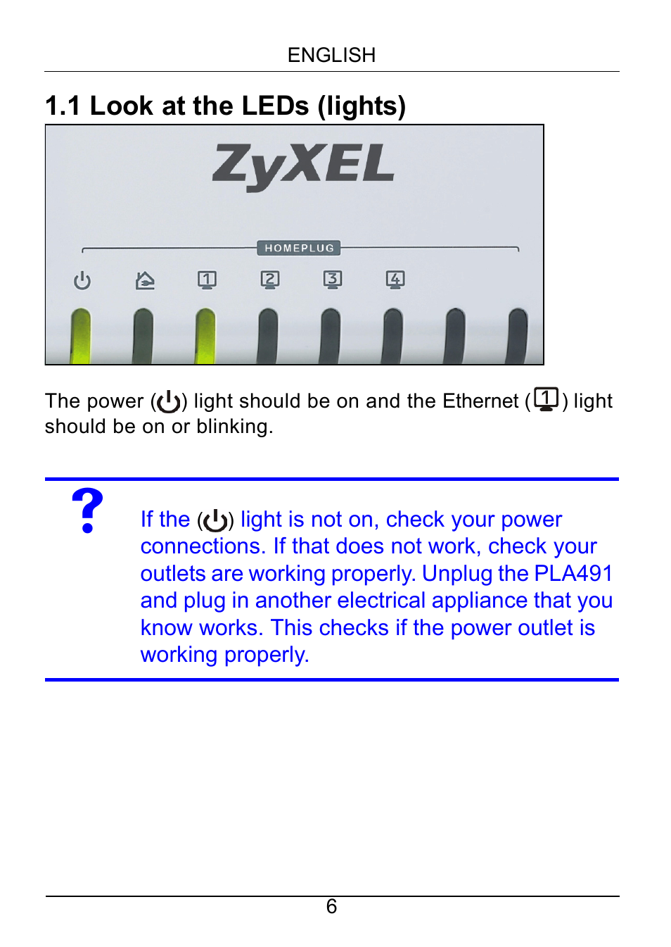 1 look at the leds (lights) | ZyXEL Communications Powerline Ethernet Multiplug Center PLA491 User Manual | Page 6 / 71