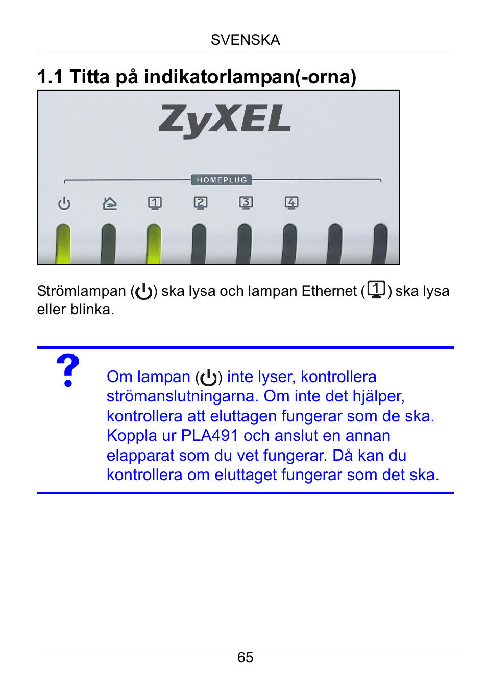 1 titta på indikatorlampan(-orna) | ZyXEL Communications Powerline Ethernet Multiplug Center PLA491 User Manual | Page 65 / 71