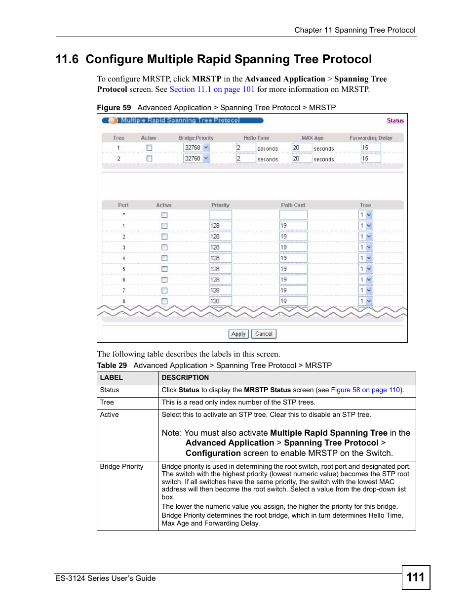 6 configure multiple rapid spanning tree protocol | ZyXEL Communications ES-3124 User Manual | Page 111 / 354
