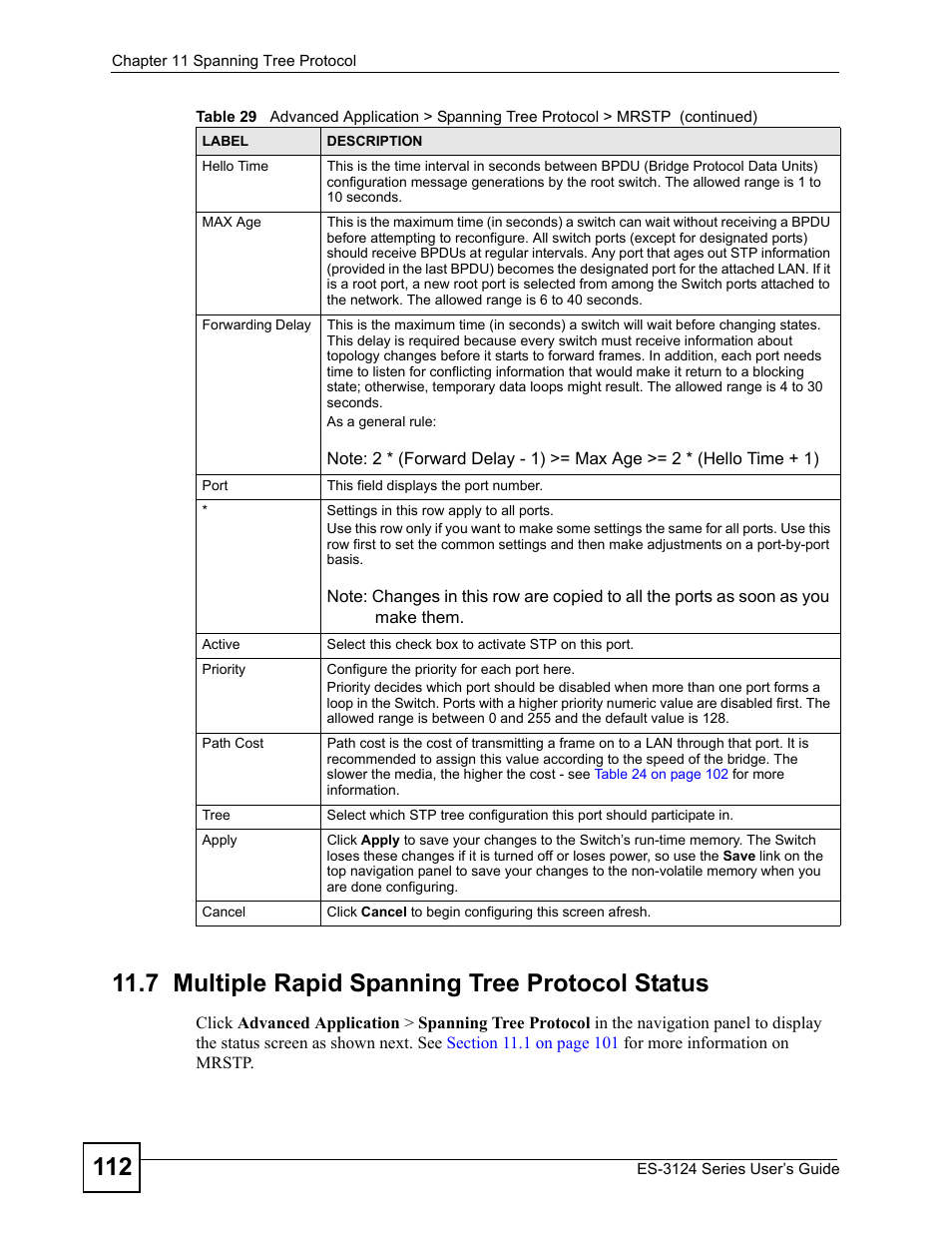 7 multiple rapid spanning tree protocol status | ZyXEL Communications ES-3124 User Manual | Page 112 / 354