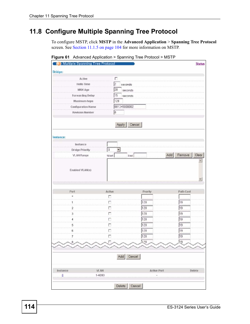 8 configure multiple spanning tree protocol | ZyXEL Communications ES-3124 User Manual | Page 114 / 354