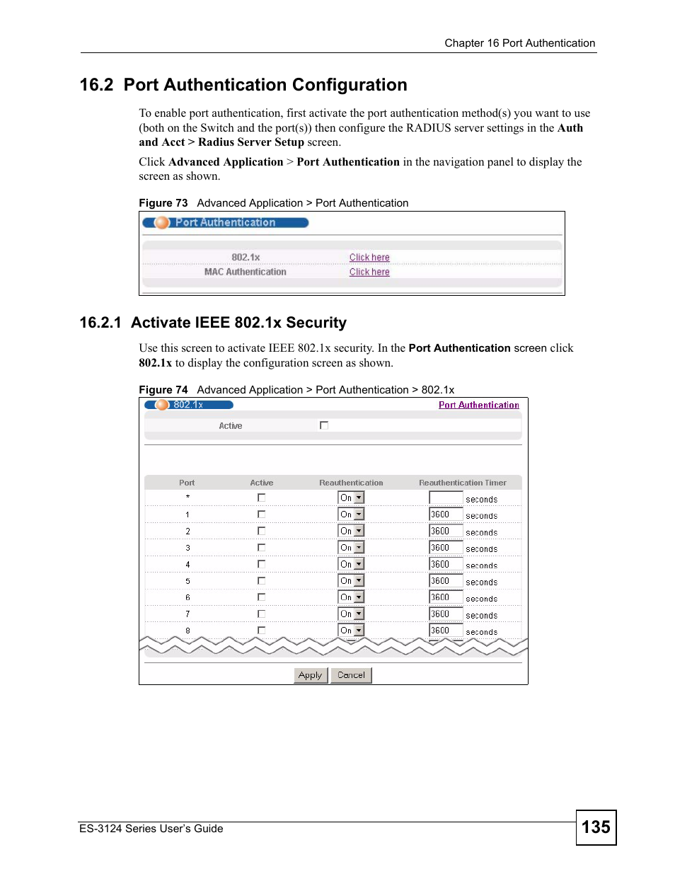2 port authentication configuration, 1 activate ieee 802.1x security | ZyXEL Communications ES-3124 User Manual | Page 135 / 354