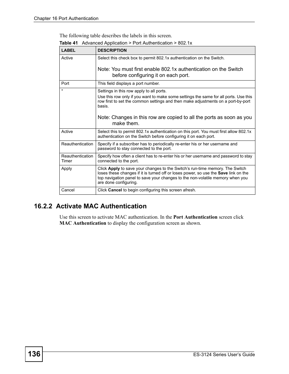 2 activate mac authentication | ZyXEL Communications ES-3124 User Manual | Page 136 / 354