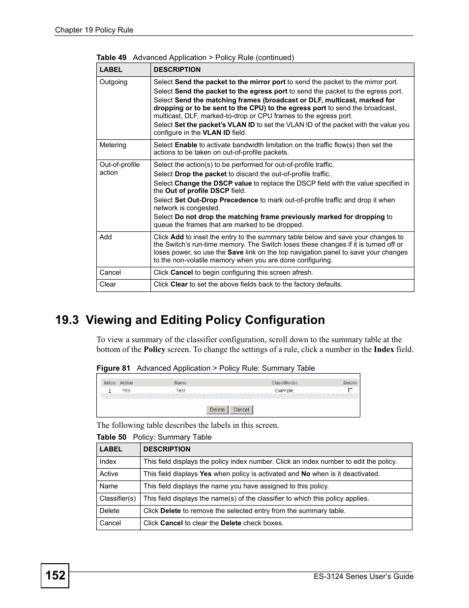 3 viewing and editing policy configuration | ZyXEL Communications ES-3124 User Manual | Page 152 / 354