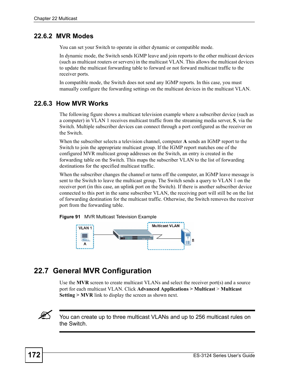 2 mvr modes, 3 how mvr works, 7 general mvr configuration | 2 mvr modes 22.6.3 how mvr works | ZyXEL Communications ES-3124 User Manual | Page 172 / 354