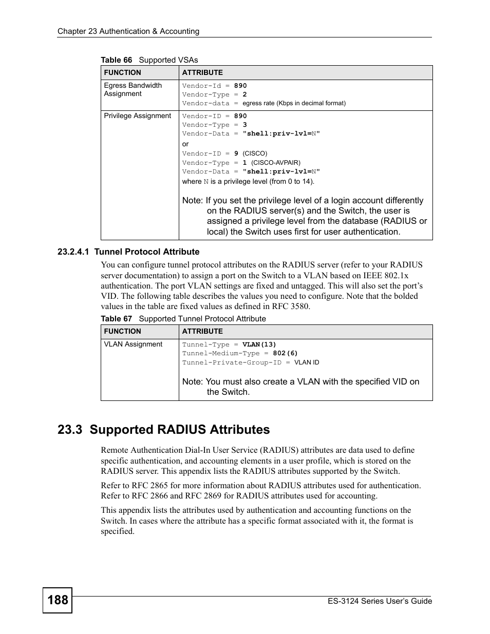 3 supported radius attributes | ZyXEL Communications ES-3124 User Manual | Page 188 / 354