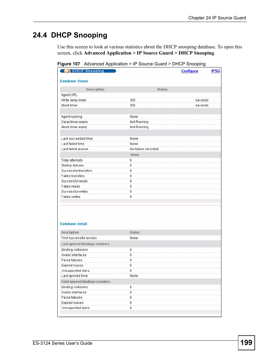 4 dhcp snooping | ZyXEL Communications ES-3124 User Manual | Page 199 / 354