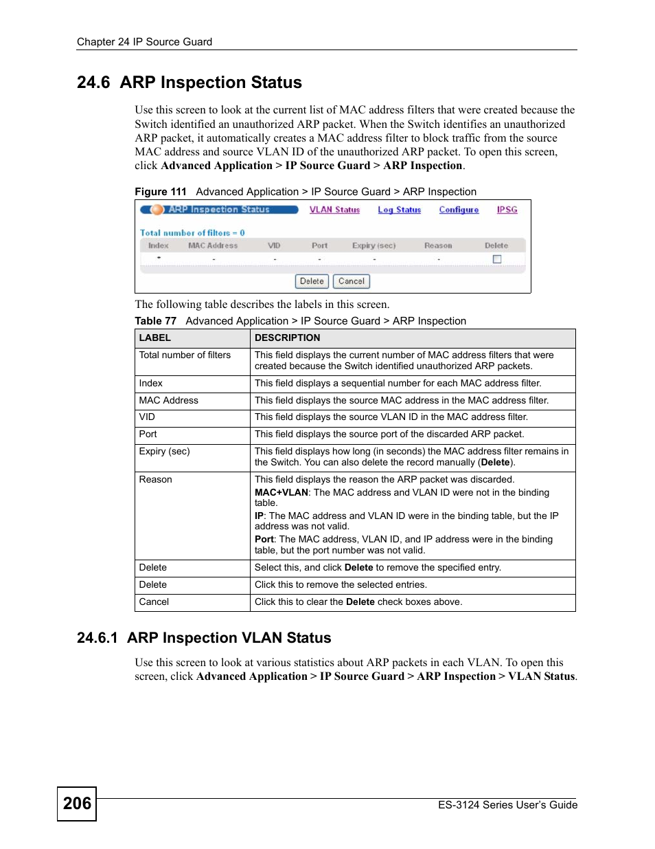 6 arp inspection status, 1 arp inspection vlan status | ZyXEL Communications ES-3124 User Manual | Page 206 / 354