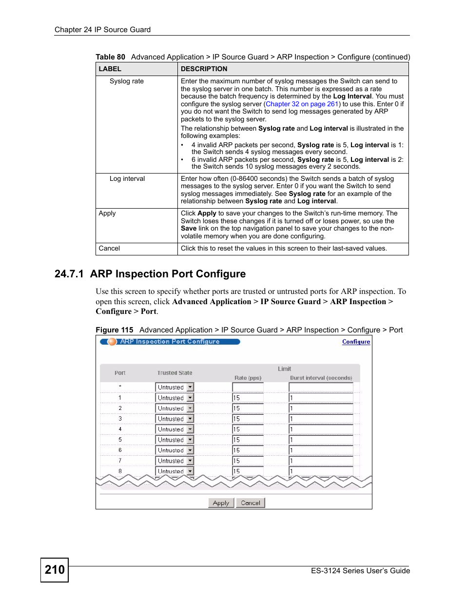 1 arp inspection port configure | ZyXEL Communications ES-3124 User Manual | Page 210 / 354