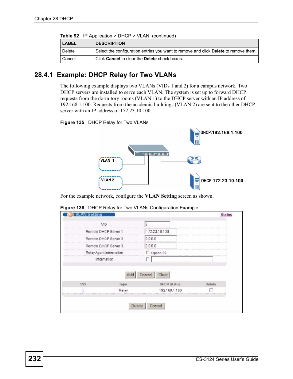 1 example: dhcp relay for two vlans | ZyXEL Communications ES-3124 User Manual | Page 232 / 354