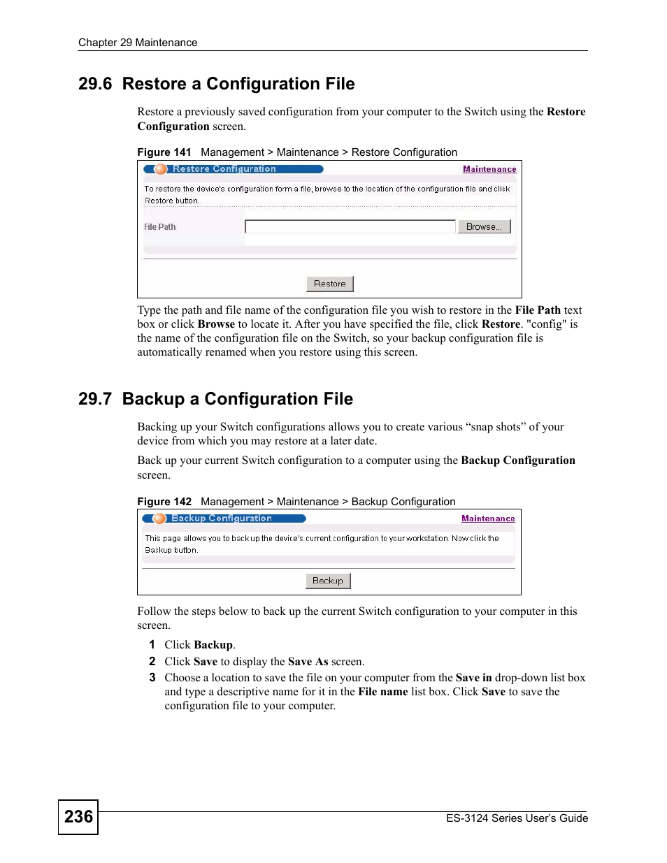 6 restore a configuration file, 7 backup a configuration file | ZyXEL Communications ES-3124 User Manual | Page 236 / 354