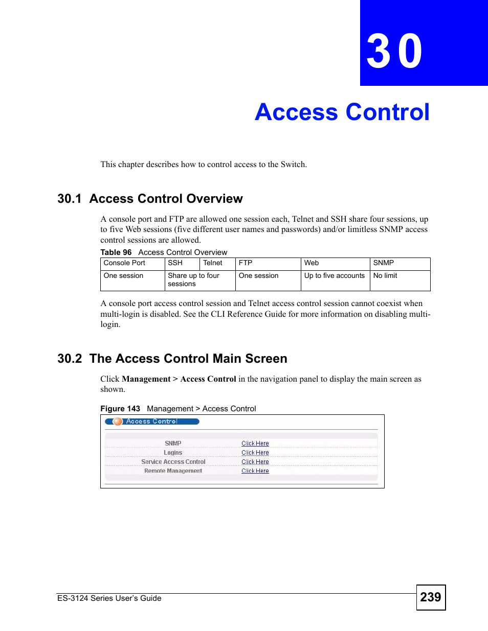 Access control, 1 access control overview, 2 the access control main screen | Chapter 30 access control, Access control (239) | ZyXEL Communications ES-3124 User Manual | Page 239 / 354