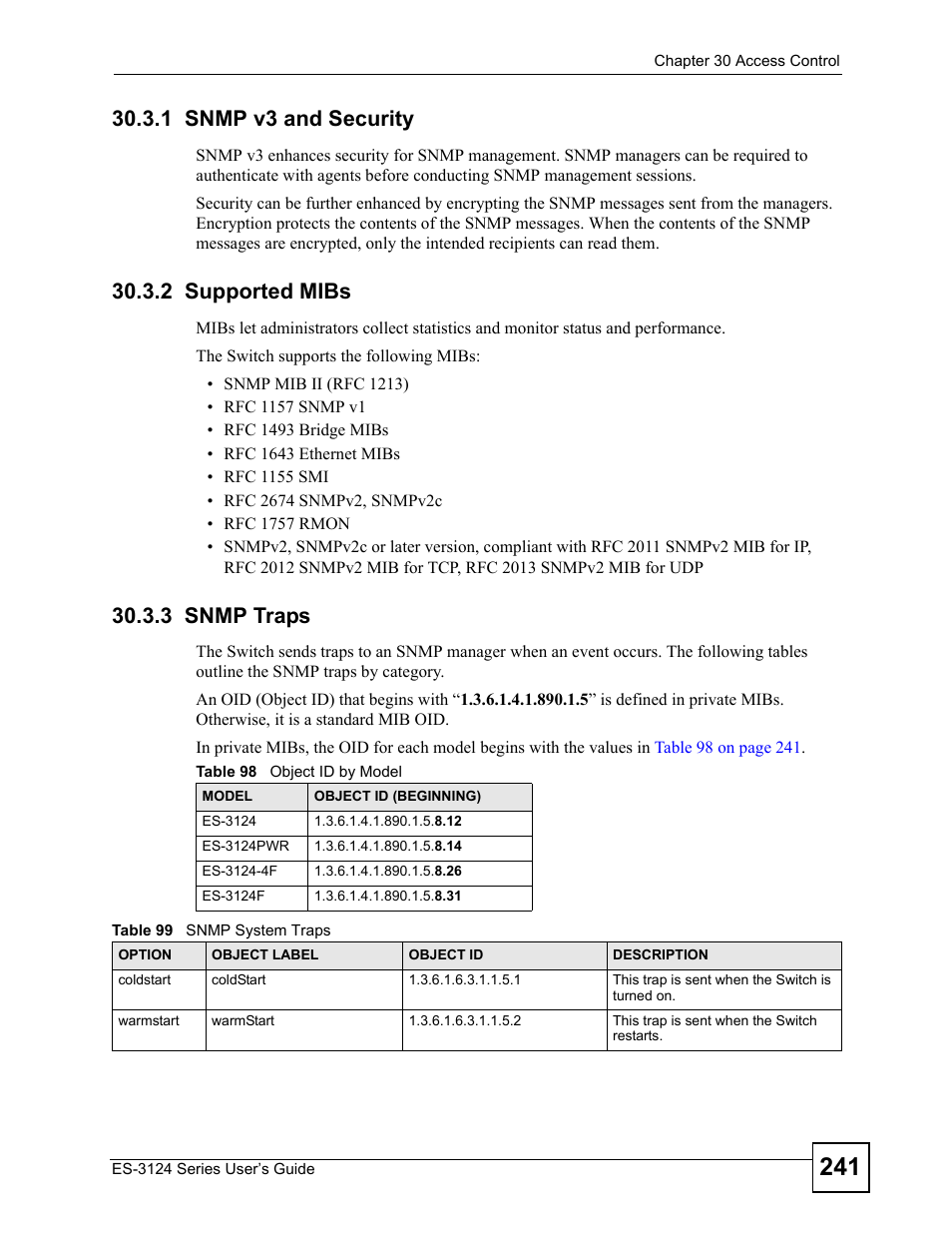 1 snmp v3 and security, 2 supported mibs, 3 snmp traps | ZyXEL Communications ES-3124 User Manual | Page 241 / 354