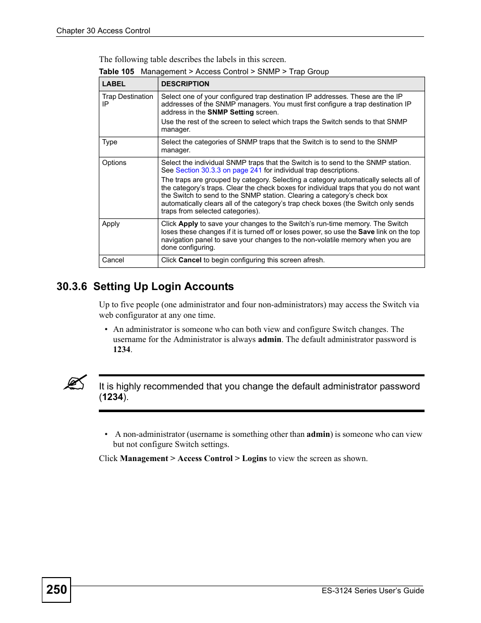 6 setting up login accounts | ZyXEL Communications ES-3124 User Manual | Page 250 / 354